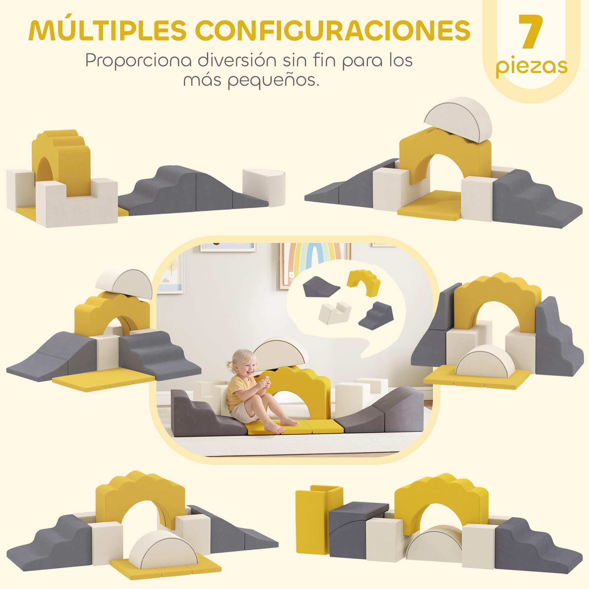 AIYAPLAY Juego de 7 Bloques de Espuma para Niños, Bloques de Psicomotricidad, Figuras de Construcción, Juguete para Aprendizaje para Escalar y Gatear, Amarillo