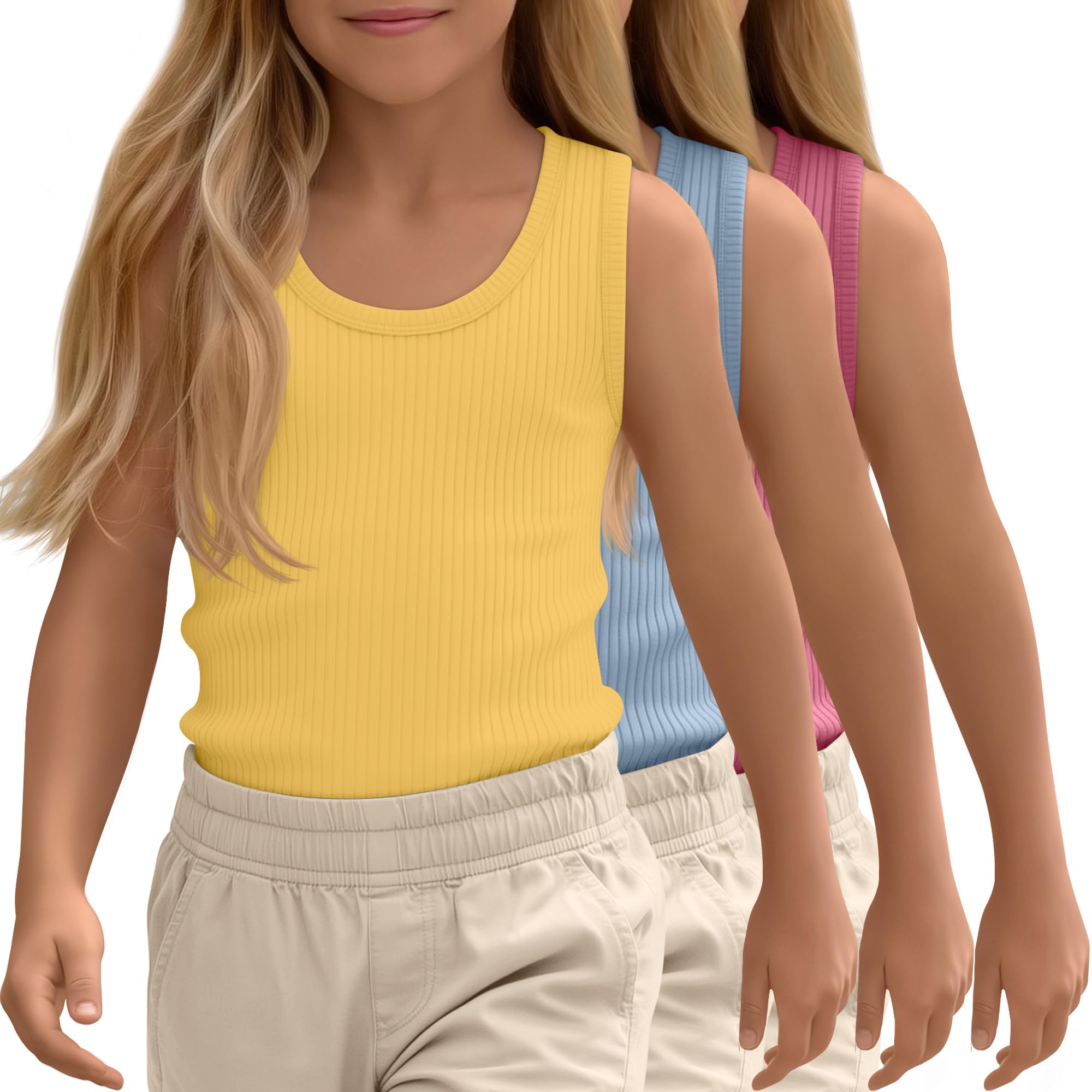 3 Pack Girls Ribbed Tank Tops Knit Slim Fit Camisole U Neck Sleeveless Undershirts Summer Basic Tanks 5-14