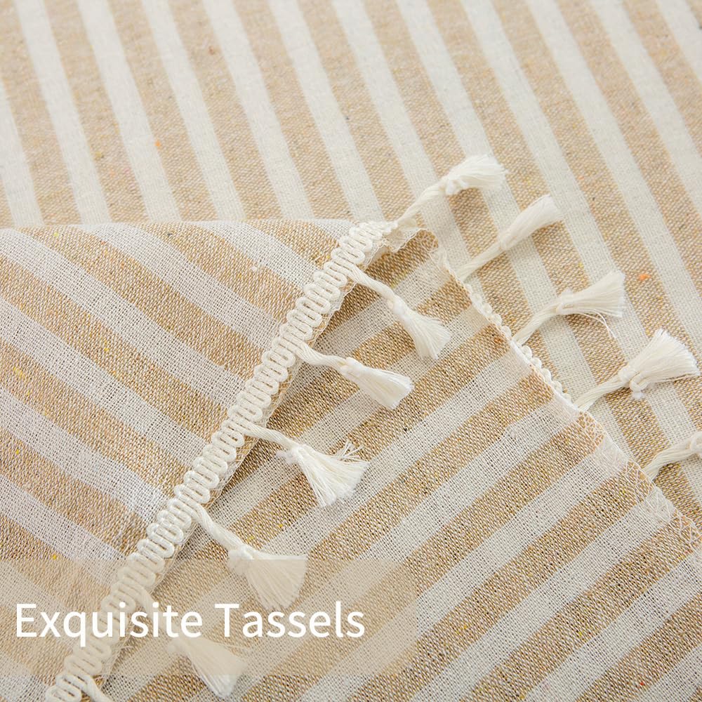 Baumwoll-Leinen-Tischdecke, gestreifte Quaste, rechteckig, staubdicht, für Küche, Esszimmer, 140 x 220 cm, Beige