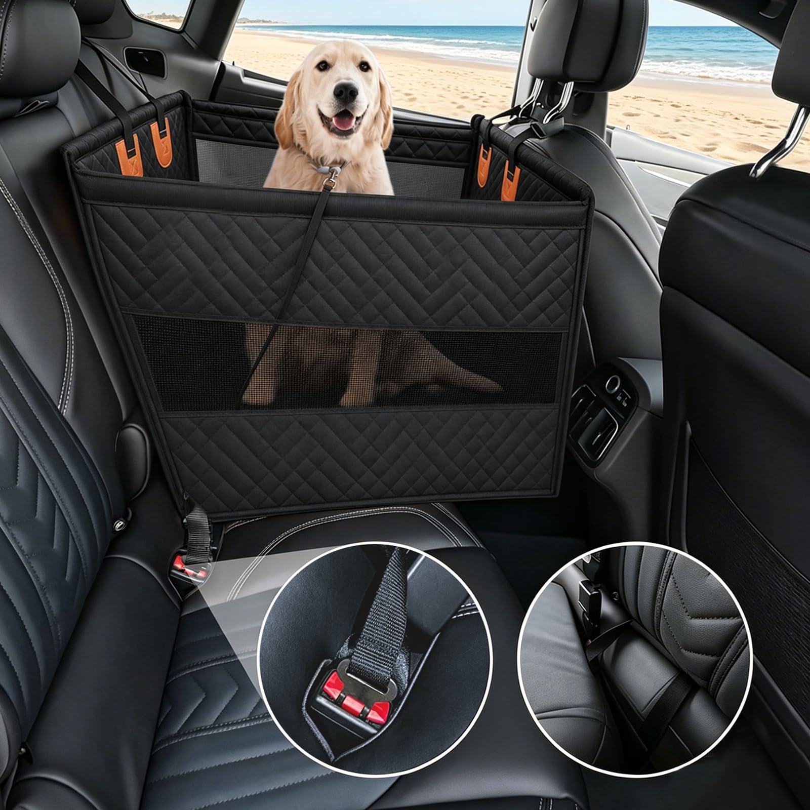 Hundesitz Auto für mittelgroße & große Hunde, wasserdichter Rücksitzverlängerer mit Hartboden, Sicherheitsleine & Mesh-Fenster, Tasche – für Auto SUV Truck, 72x56x50cm