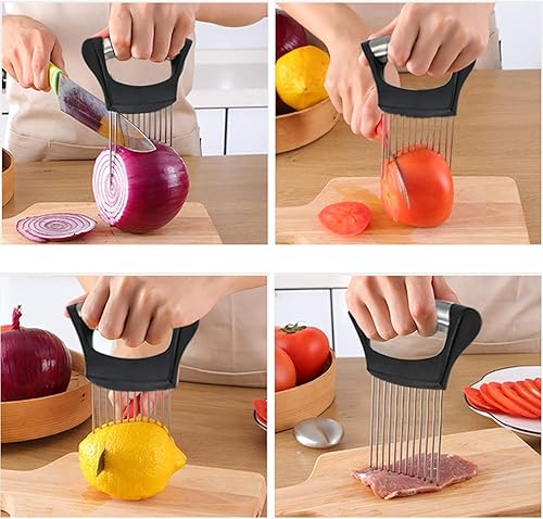 Miniatura 4 de Soporte de cebolla y herramienta cortadora de alimentos Acero inoxidable para cortar verduras y frutas para un corte fácil y seguro (negro)