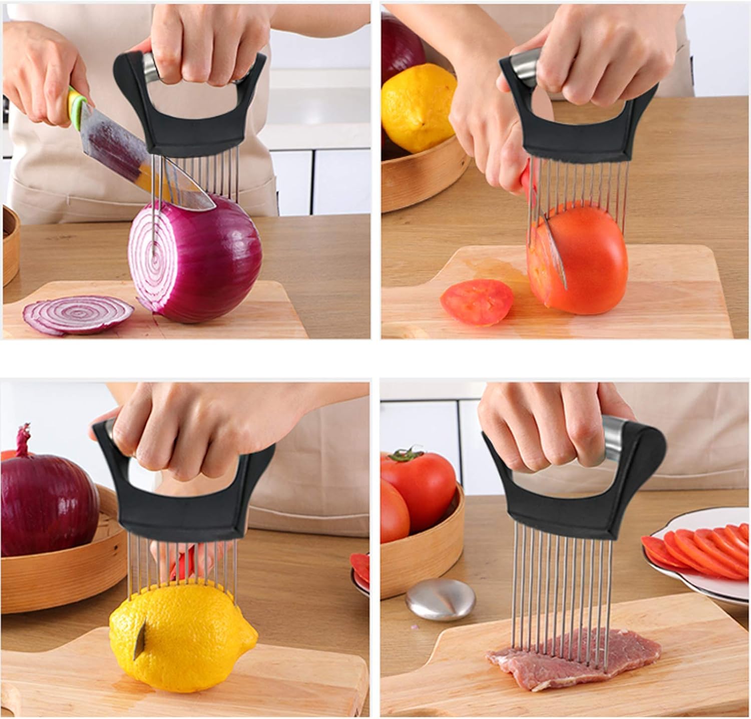 Soporte de cebolla y herramienta cortadora de alimentos – Acero inoxidable para cortar verduras y frutas para un corte fácil y seguro (negro) 4