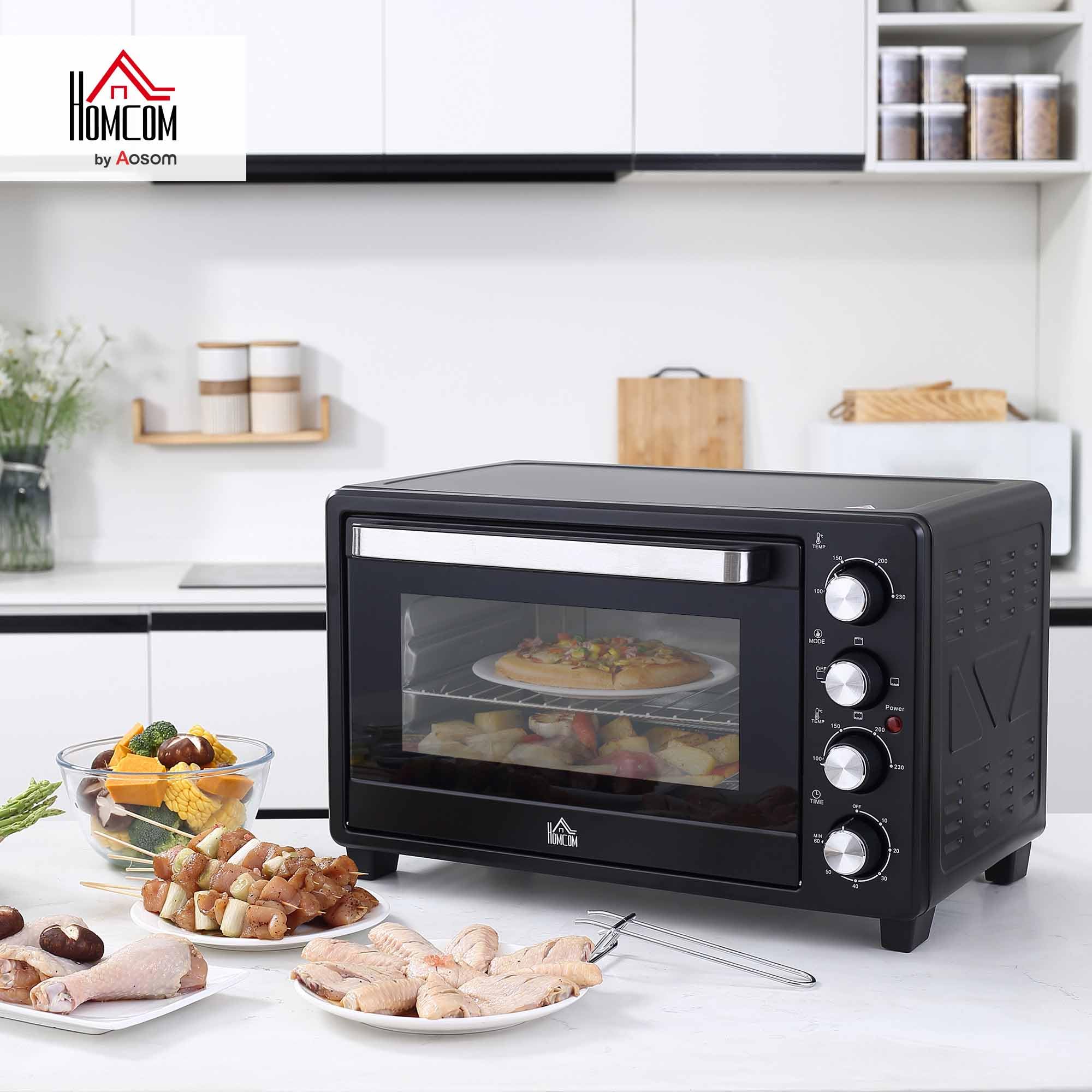 HOMCOM Mini Backofen 32L 100 °C-230 °C 1600 W Mini Ofen mit Backblech Krümelblech Grillrost und 3 Kochmodi Pizzaofen mit Timer Backblech-Griff Edelstahl Schwarz