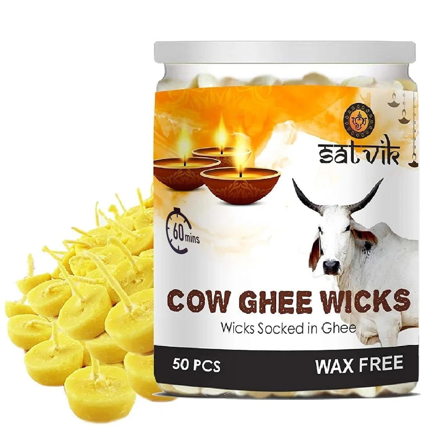 SATVIK Pure Cow Ghee Diya Wicks with 60 Minutes / 1 Hour Burning Time | Wax Free, Ghee Batti, Jyot Batti - 50 Piece Set