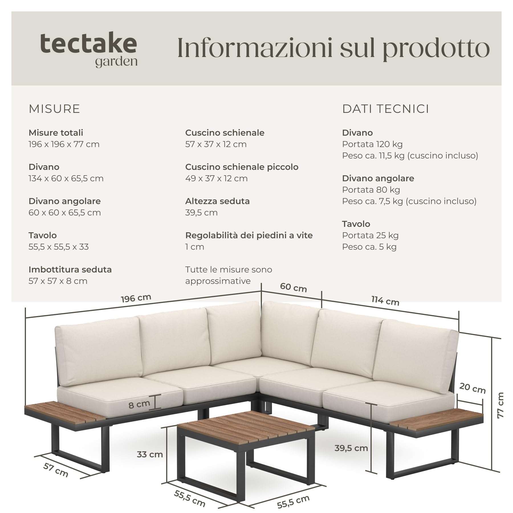 tectake® Set Salottino da Giardino 4 Pezzi, 1 Tavolino Salotto, 2 Divani, 1 Divano ad Angolo, Telaio in Alluminio Inossidabile, Cuscini Imbottiti Idrorepellenti, Schienale Regolabile - Nero
