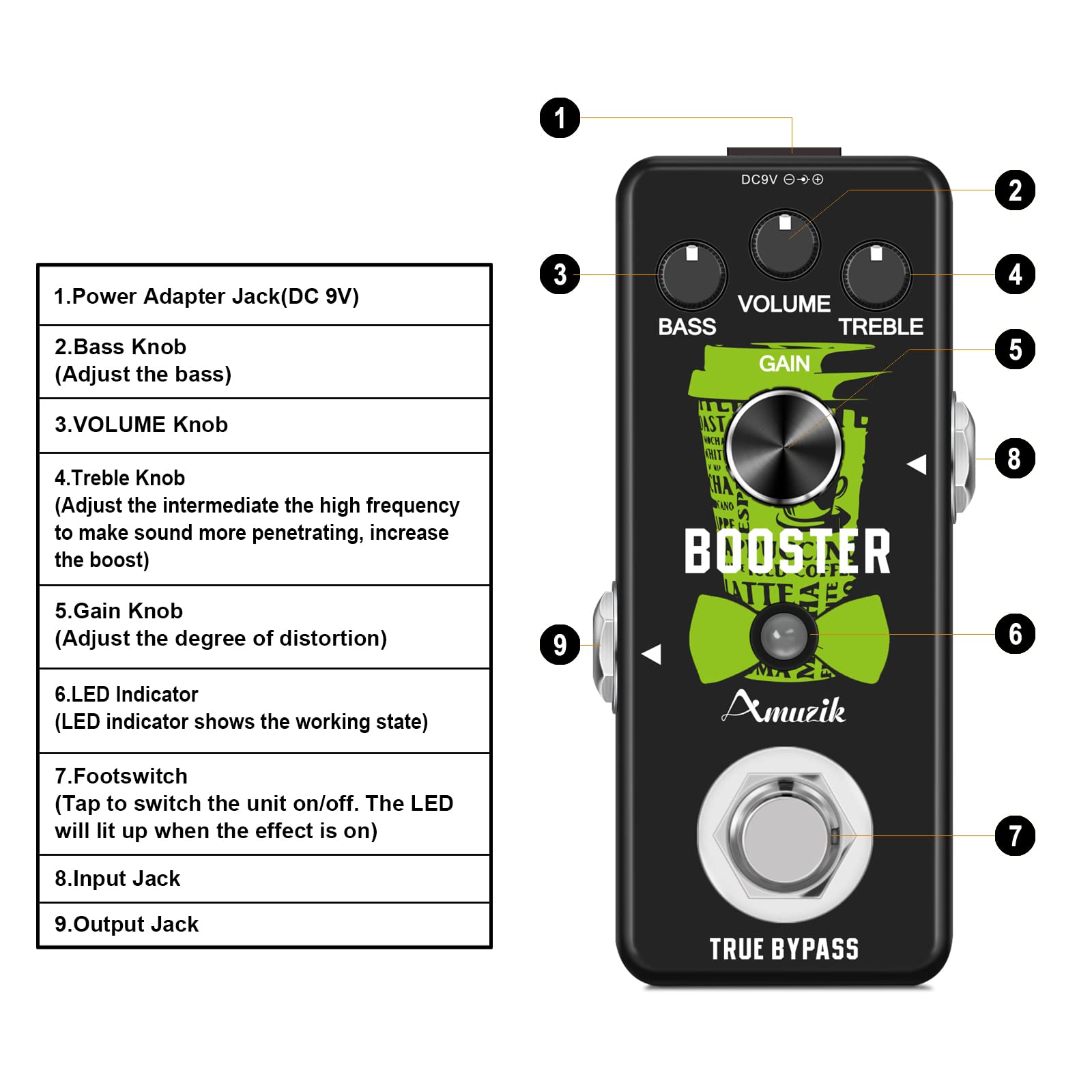 Amuzik Guitar Booster Pedal Analog Micro Boost Pedals For Electric Guitar Pure Signal Amplification Wtih Mini Size True Bypass