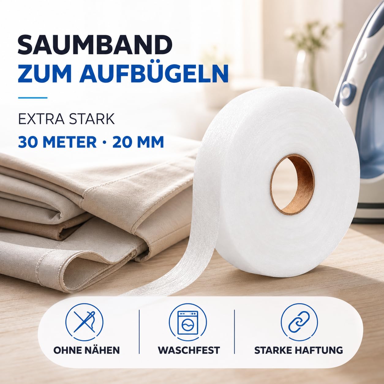 TK Gruppe Timo Klingler Saumband zum Aufbügeln - EXTRA STARK - 30 Meter & 20 MM - Bügelband für Vorhänge & Gardinen nähen - Nahtband & Saumvlies waschfest zum Bügeln
