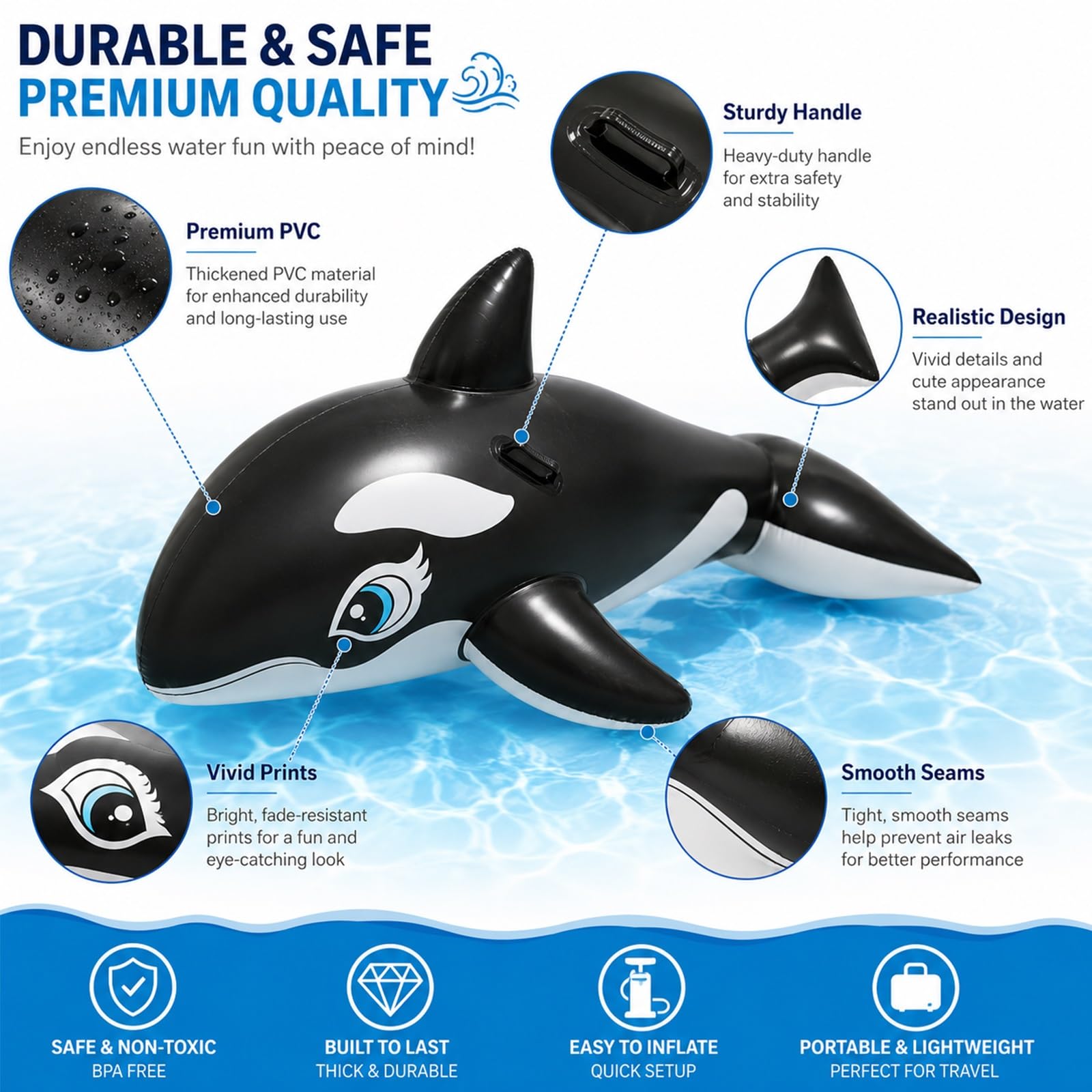 Gran Flotador Inflable de Orca con Asas reforzadas, PVC Robusto para Adultos y niños, Piscina Playa Lago Parque acuático