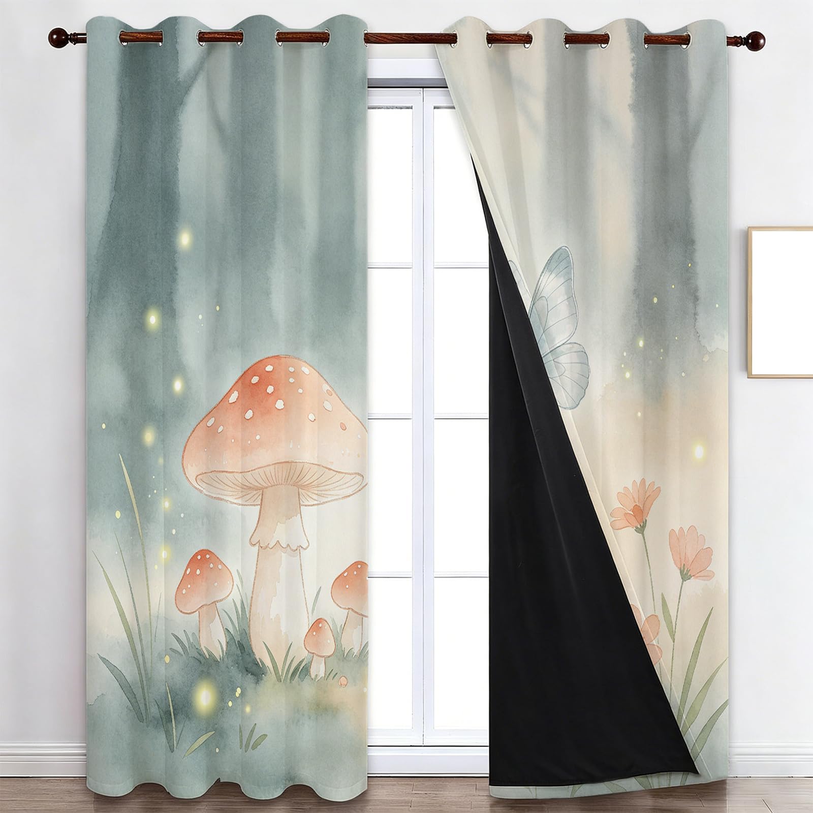Tende Oscuranti Termiche Isolanti 140L x 260A cm (2 Pannelli) | Funghi Ad Acquerello Fiaba Curativa Protezione Dal Calore E Dal Freddo Con Occhielli Per Grandi Soggiorno e Doppi Portoni