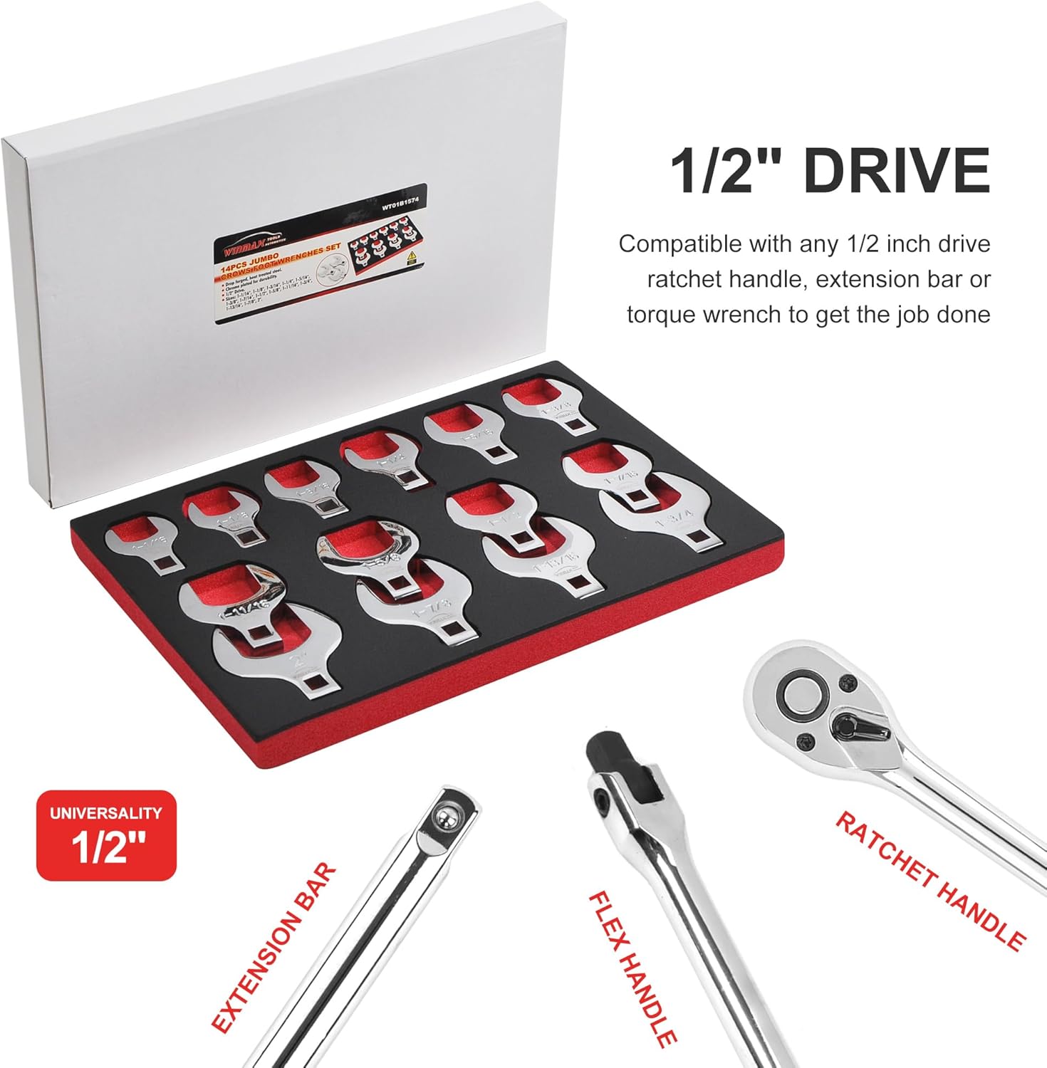 14-Piece Premium 1/2" Drive Jumbo Crowfoot Wrench Set, Include Standard SAE Sizes from 1-1/16" to 2" with Storage Tray