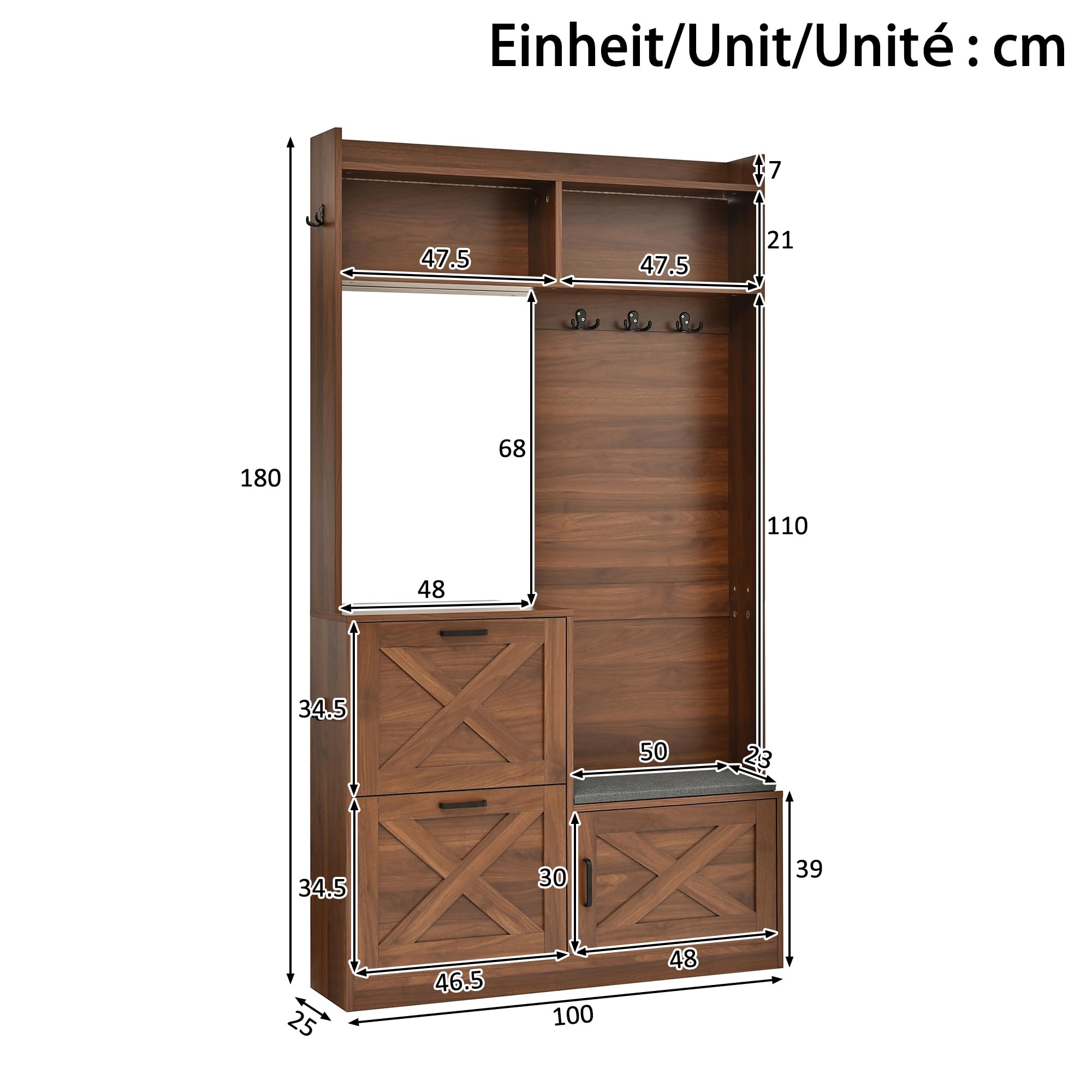 Armario compacto para pasillo con 2 compartimentos para zapatos plegables, espejo de cuerpo entero, LED de color ajustable mediante aplicación, asas de metal, cuerpo de PB+MDF