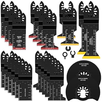 26 PCS Oscillating Tool Blades, Universal Titanium Bimetal Oscillating Multitool Blade with 3 Adapter Precision Cut for Wood PVC Nail Tile