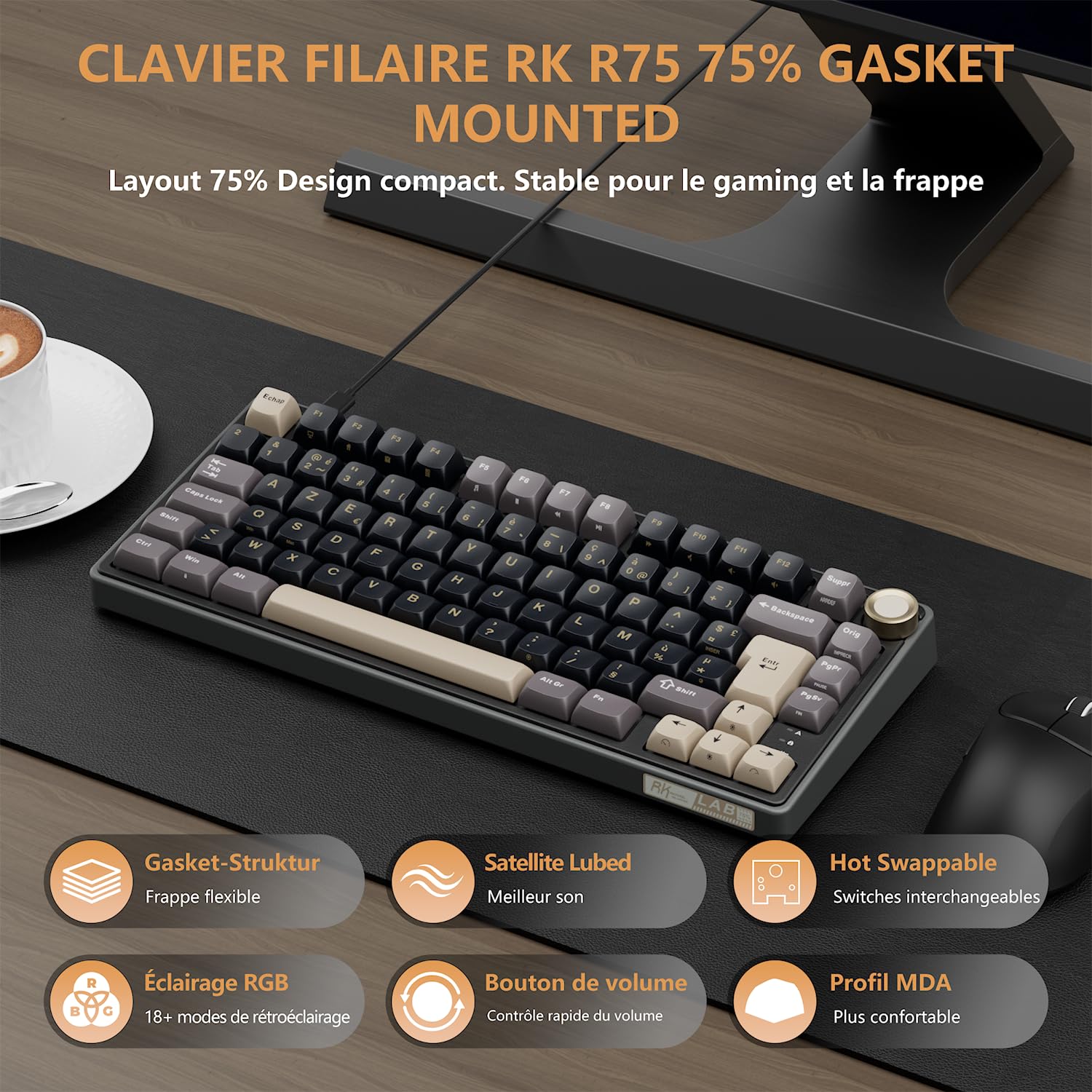 RK ROYAL KLUDGE R75 Teclado Mecánico, Teclado Gamer Cableado 75% AZERTY con Gasket Mount, Rueda de volumen, Interruptor Creamy Lineal Hot-Swap, Teclas PBT, Retroiluminación RGB para Windows/Mac/PC
