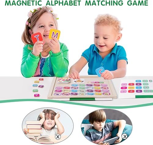 Miniatura 3 de SRENJU SINU Tablero de juego magnético del alfabeto a juego, mayúsculas de madera ABC preescolar educativas actividades de aprendizaje de ortografía