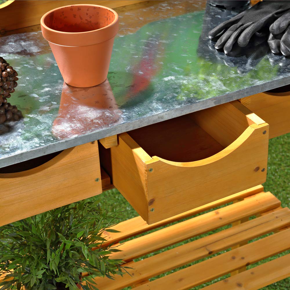 Melko Gartenarbeitstisch Gartentisch Pflanzentisch mit DREI Schubladen im Landhausstil aus Fichtenholz für den Außenbereich, 80 x 40 x 82 cm, Honigton Braun