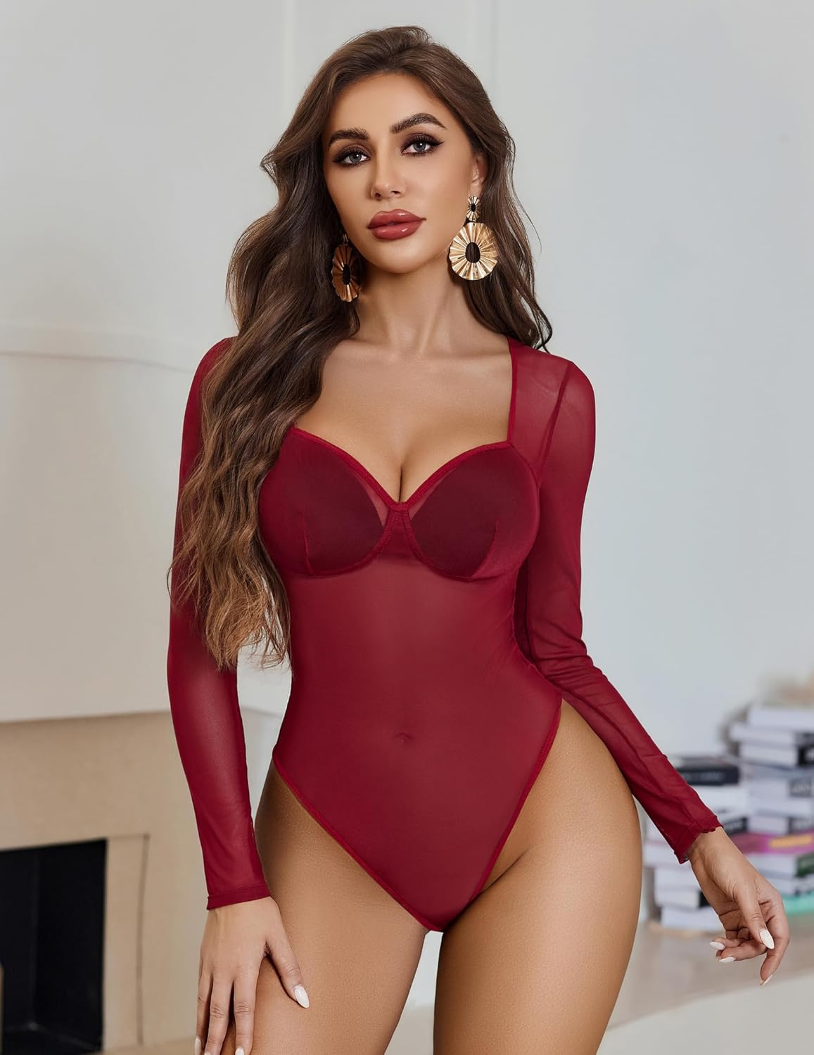 Avidlove Mesh Bodysuits for Women Long Sleeve Body Suits Leopard Print Going Out Tops Sheer Rave Outfits with Snap Crotch - Image 2