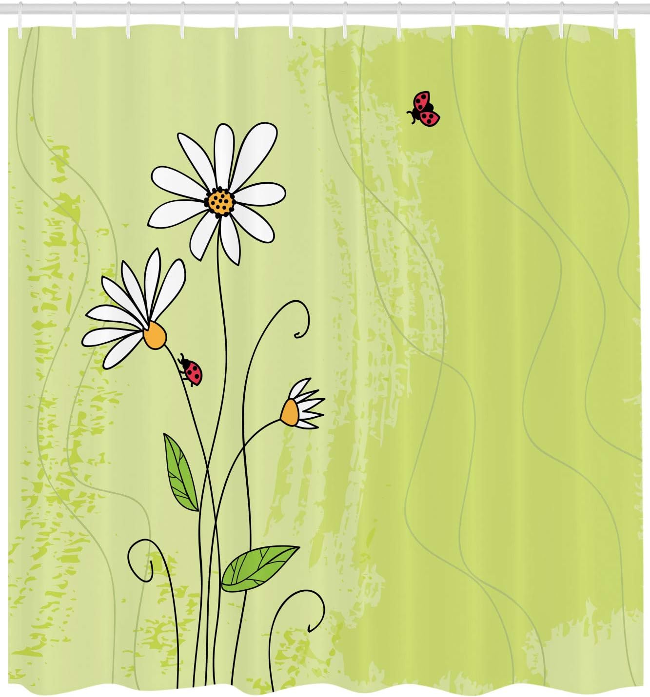 Ambesonne Daisy Shower Curtain, Hand Drawn Style Chamomile Flowers on Green Backdrop with Ladybugs and Grunge Look, Cloth Fabric Bathroom Decor Set with Hooks, 69" W x 70" L, Pastel Green