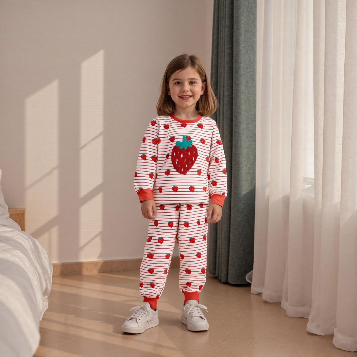 Lefyira Baby Girl Strawberry Outfit Striped Long Sleeve Top Pants Set Toddler Guitar Outfit Infant Fall Winter Clothes - Image 2