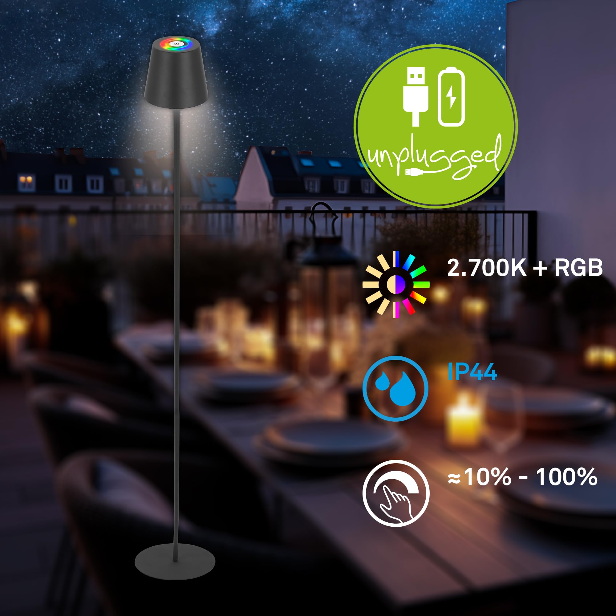 BRILONER - Lampada da terra LED RGBW senza fili con touch, dimmerabile all'infinito, batteria ricaricabile e sorgente luminosa intercambiabile, altezza 133 cm, nero