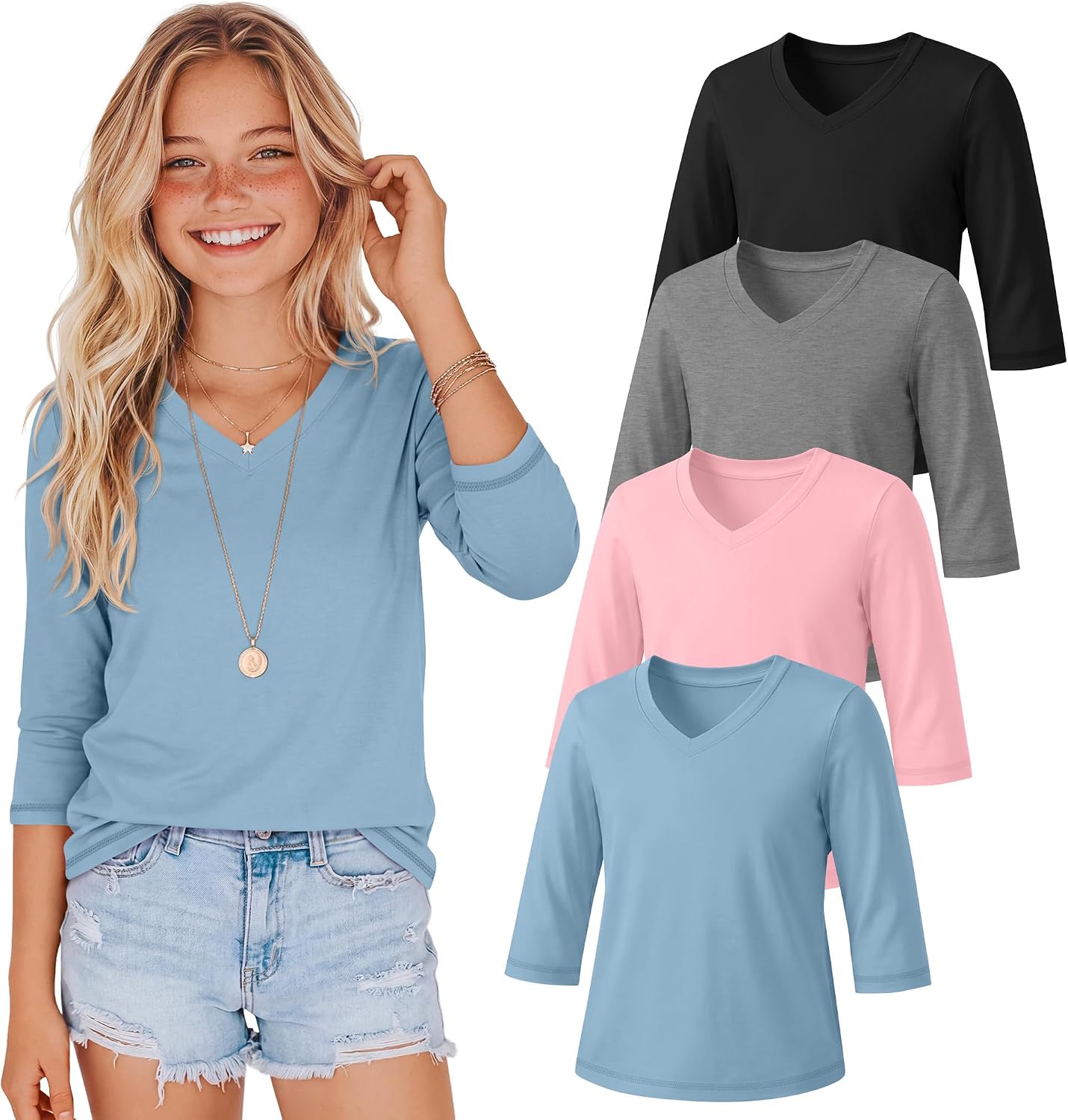 4 Pack Girls' 3/4 Sleeve T Shirts V Neck Soft Kids Tops Casual Youth Blouse for School Every Wear 5-14 Years