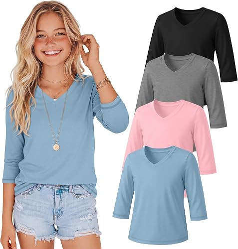 LessonZoo 4 Pack Girls' 3/4 Sleeve T Shirts V Neck Soft Kids