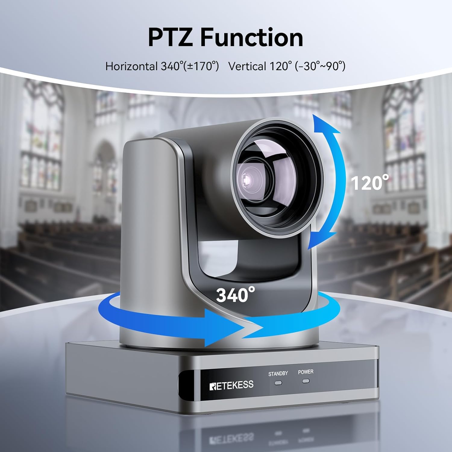 Retekess TC202 PTZ function with 340 degree horizontal and 120 degree vertical movement