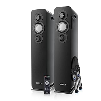 Intex TITAN1400 D Dual Tower Bluetooth Speaker 140W High Bass Home Audio System with Mic Aux USB FM Support LED Display and Remote Bluetooth Tower Speaker for TV Music and Party Use Black