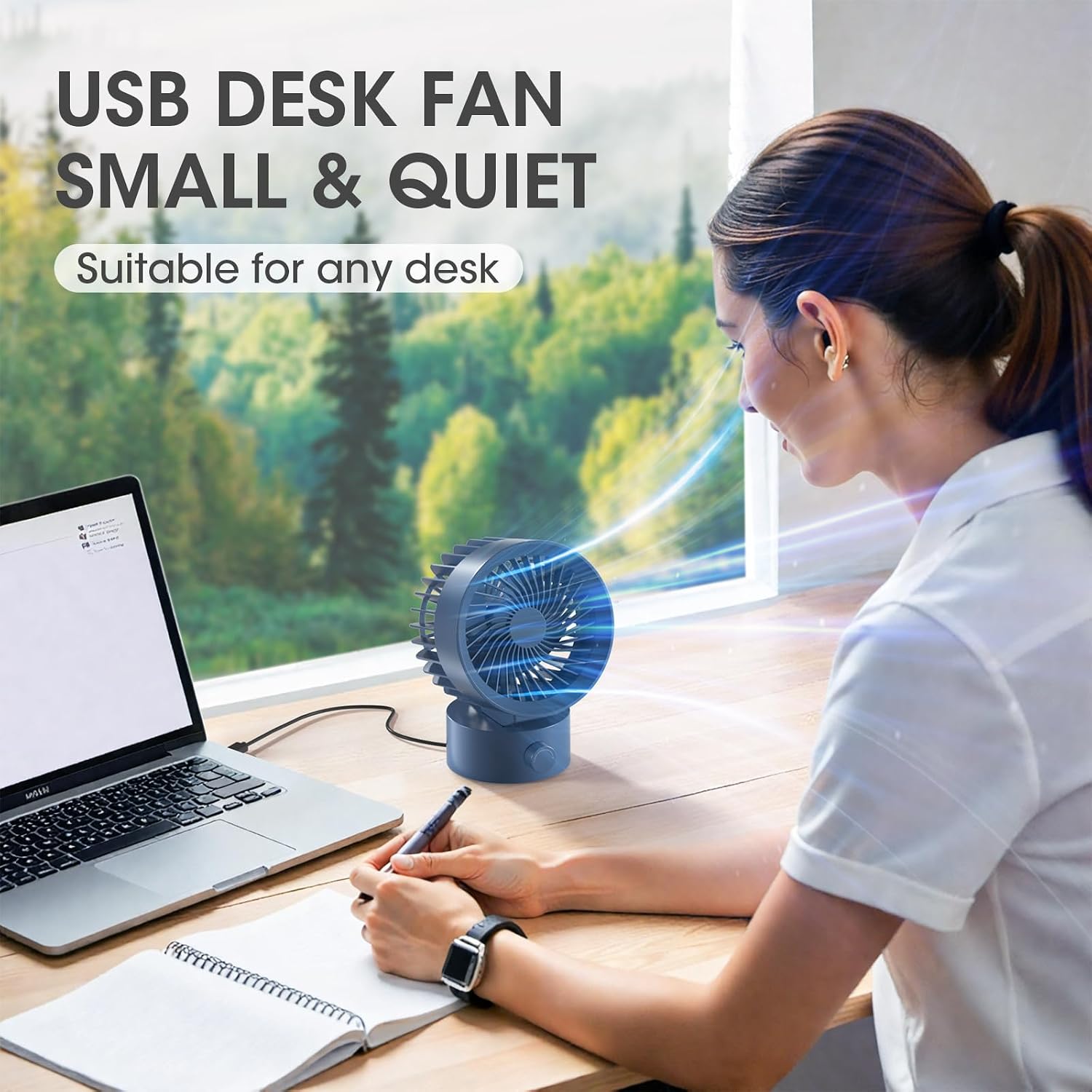 USB Desk Fan Small, Stepless Speed Flexible Adjust Mini Fans for Home Office Dorm Desktop, Portable Travel Fan Personal Cooling, Plug In USB Powered, Blue