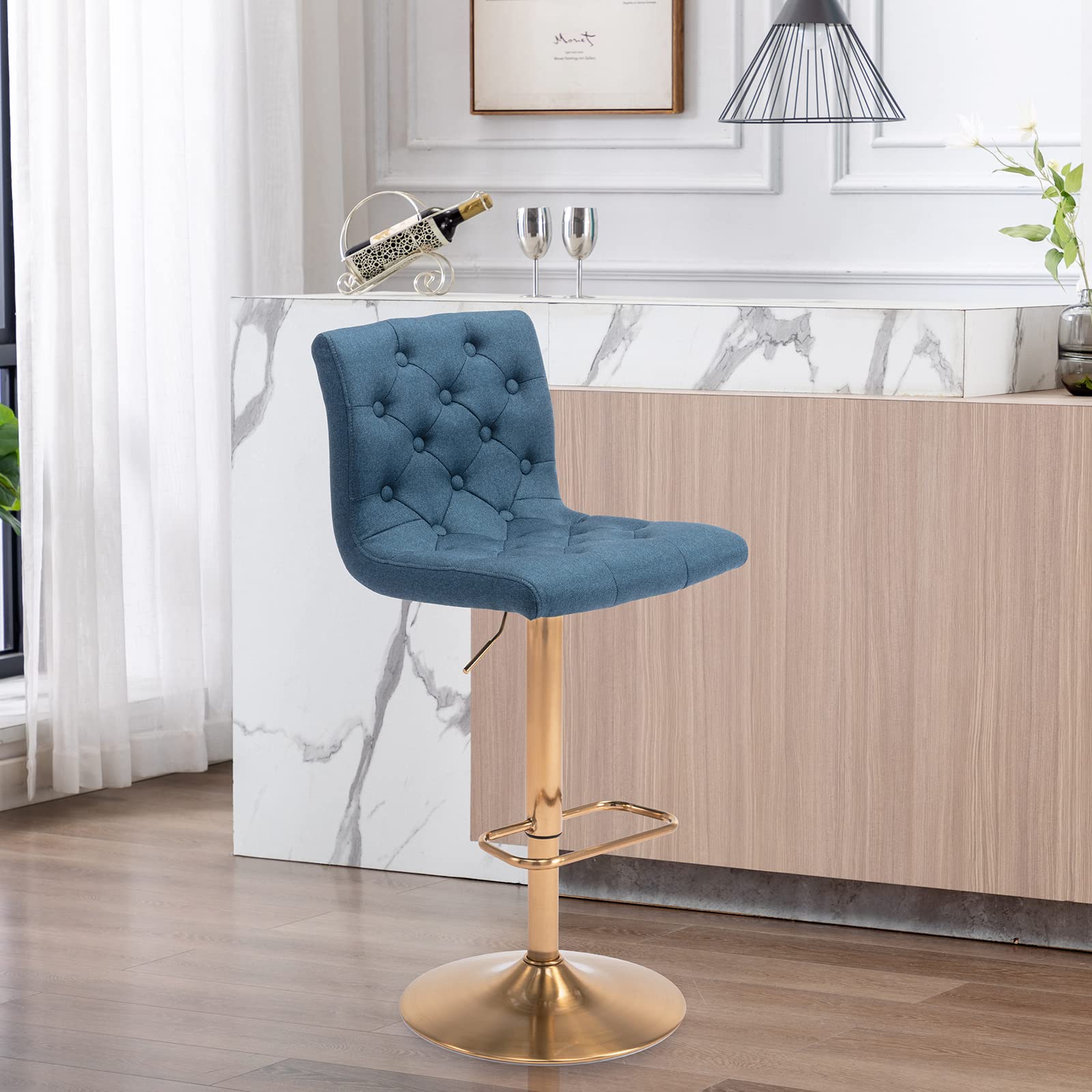 Brage Living Tufted Fabric Bar Stool, Adjustable Swivel Counter Height Barstool with Back, Upholstered Armless Airlift Bar Chair for Kitchen Dining Cafe, 1 pc (Blue, Gold Base)
