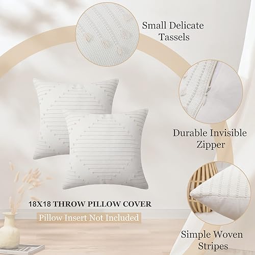 Miniatura 4 de Mecatny juego de 2 fundas de cojín bohemias de 18 x 18 pulgadas, color beige y blanco crema, fundas rústicas y decorativas para cojines, para