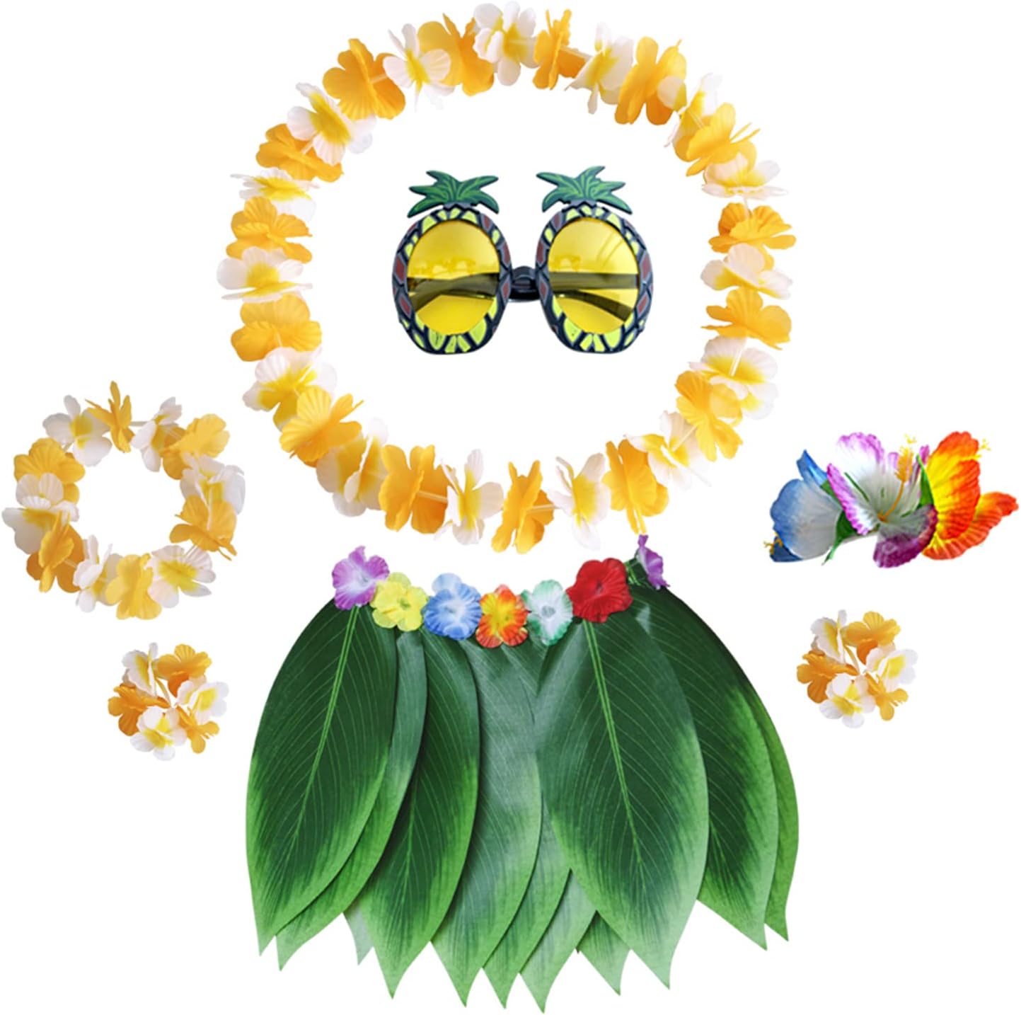 PHOGARY 7 Pack Hawaiian Flower Leaf Hula Skirt Costume Accessory Kit for Hawaii Luau Party