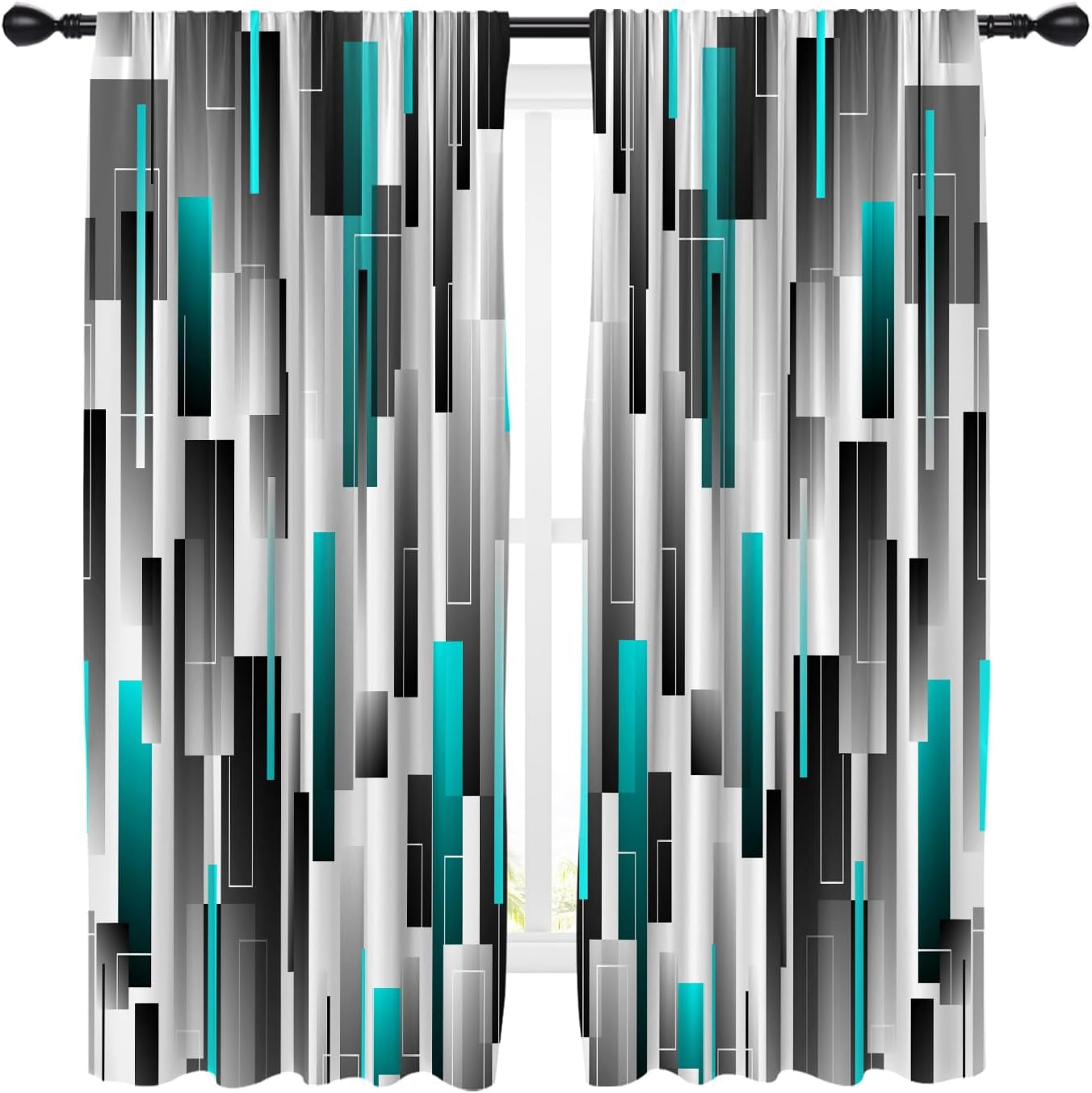 Teal Black Curtains Ombre Turquoise Aqua Grey Gray White Dark Cool Gradient Abstract Geometric 42W x 63L Inches Rod Pocket for Bedroom Living Dining Room Window Drapes Treatment Fabric 2 Panels
