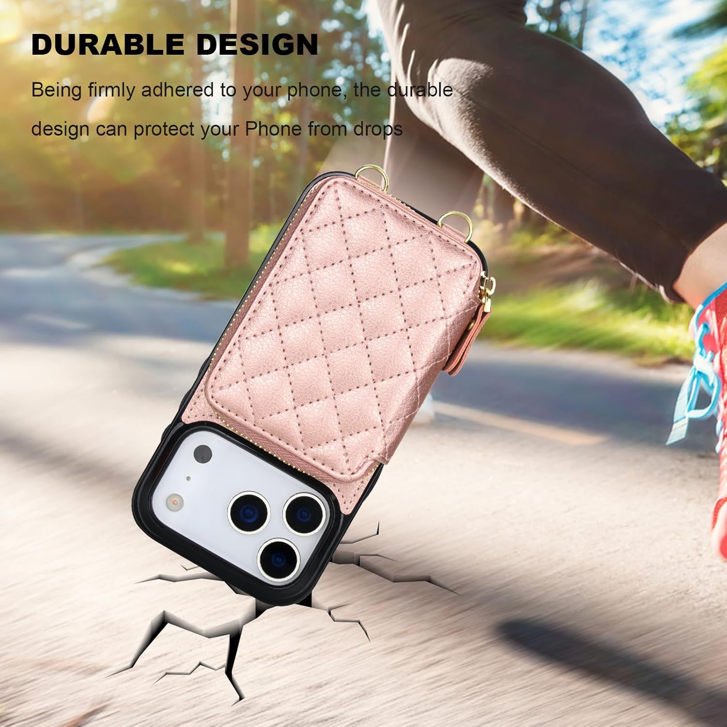 Bocasal Crossbody Wallet Case for iPhone 17 Pro, RFID Blocking PU Leather Zipper Handbag Purse Flip Cover, Kickstand Folio Case with Card Slots Holder Wrist Strap Lanyard 5G 6.3 Inch (Rose Gold) - Image 8