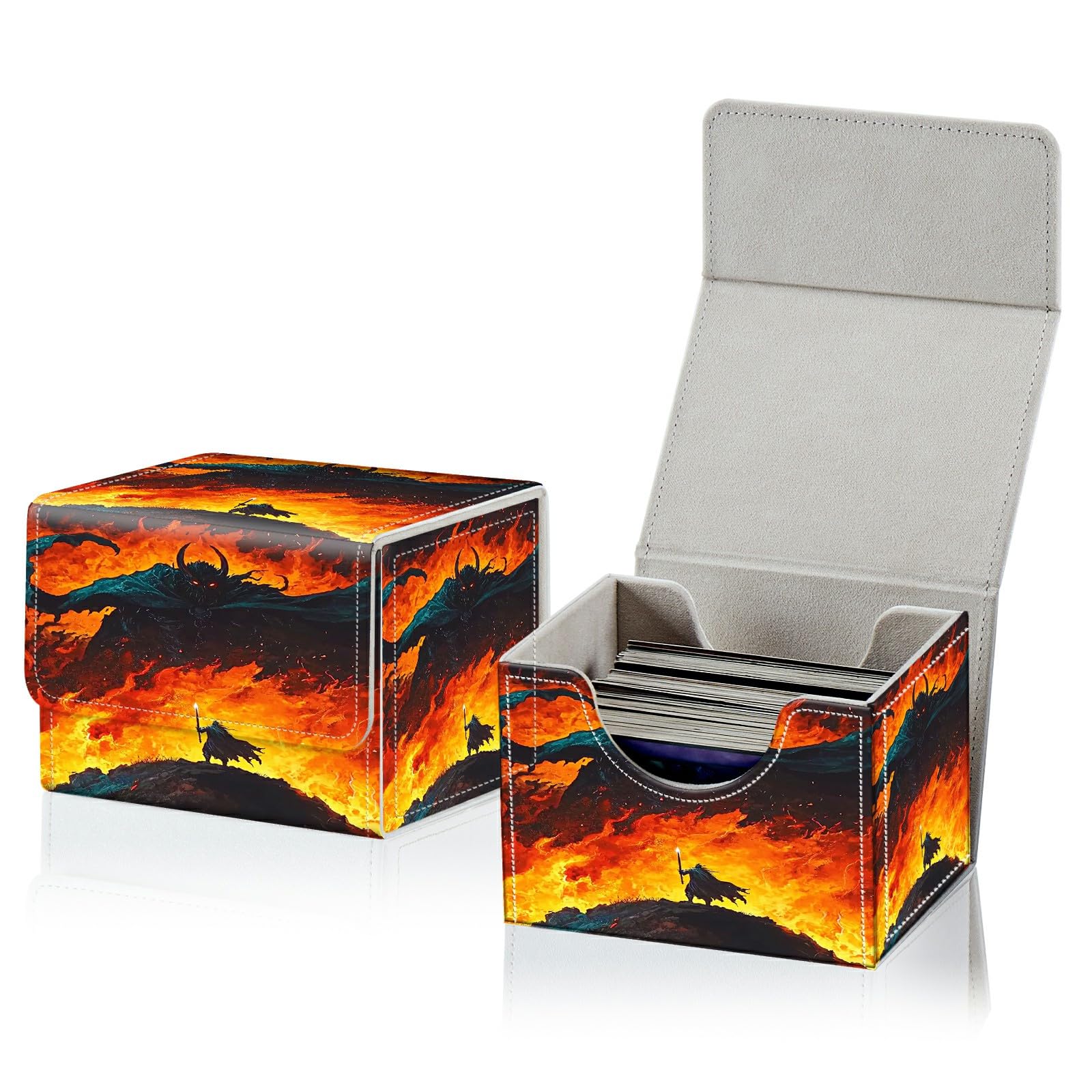 RWUTYTIUL Card Deck Box for MTG, Cards Storage Box Fits 120+ Sleeved, Leather Small Size Strong Magnetic Closing Card Case for Board Games Magic TCG CCG Baseball Collection, Flame Warrior