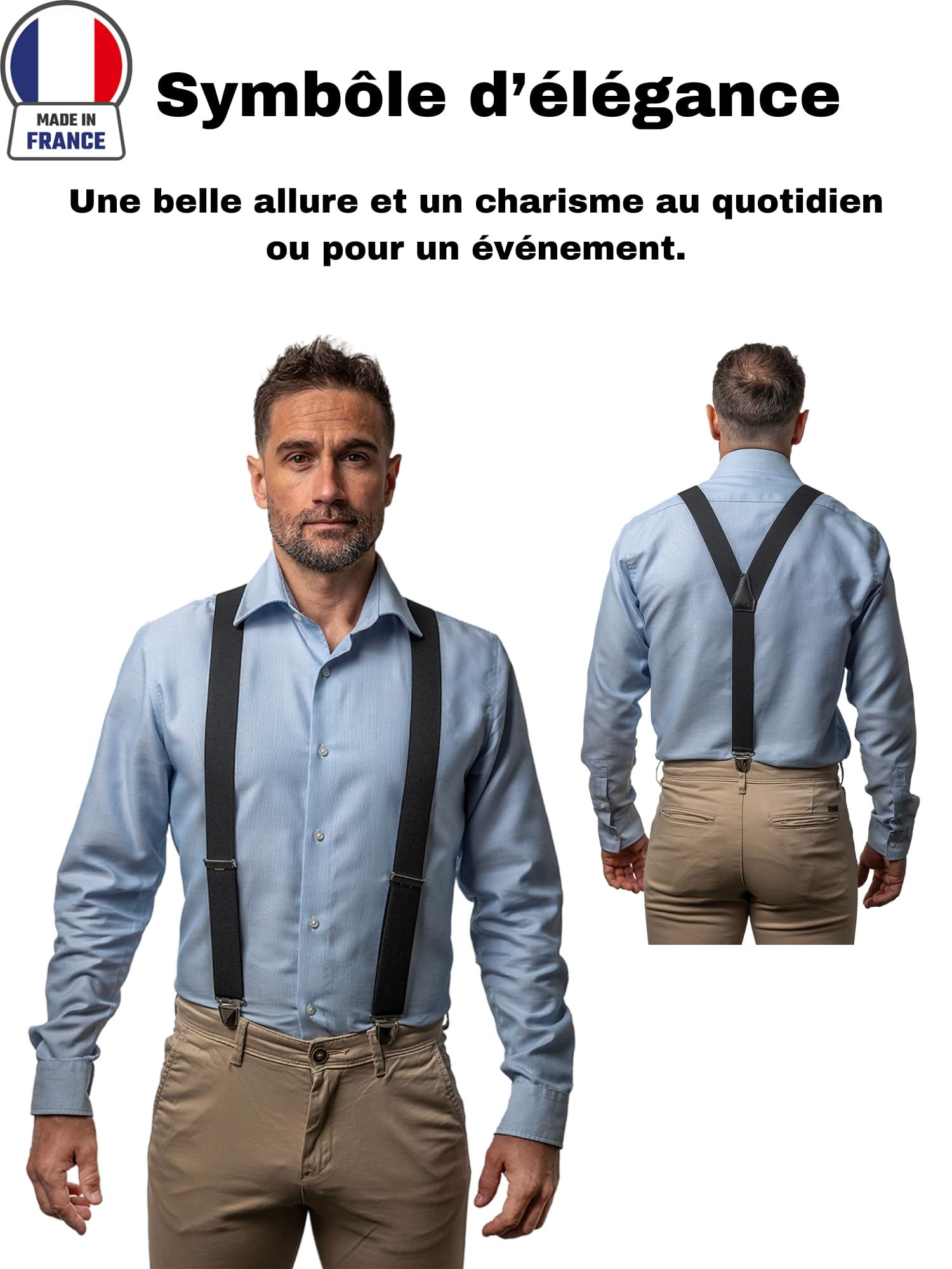 Bretelles Homme Larges en Y Made in France - Bretelles Elégantes & Classiques - Dos 100% Cuir - Tissu Résistant Elastique - 3,5 cm x 120 cm - Pinces Fort Maintien du Pantalon
