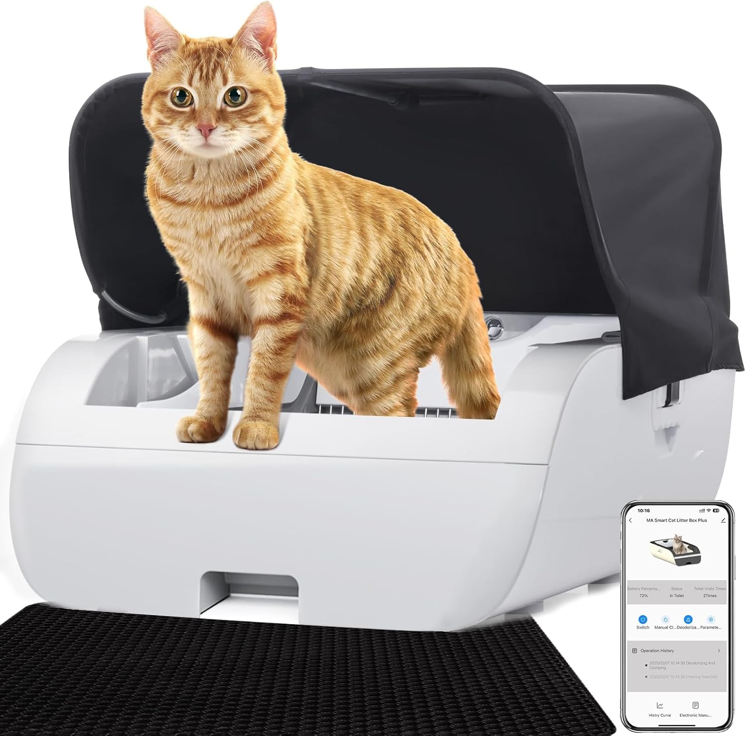 Hotpzeddaque Self-Cleaning Cat Litter Box with tent cover and a cat standing in front.