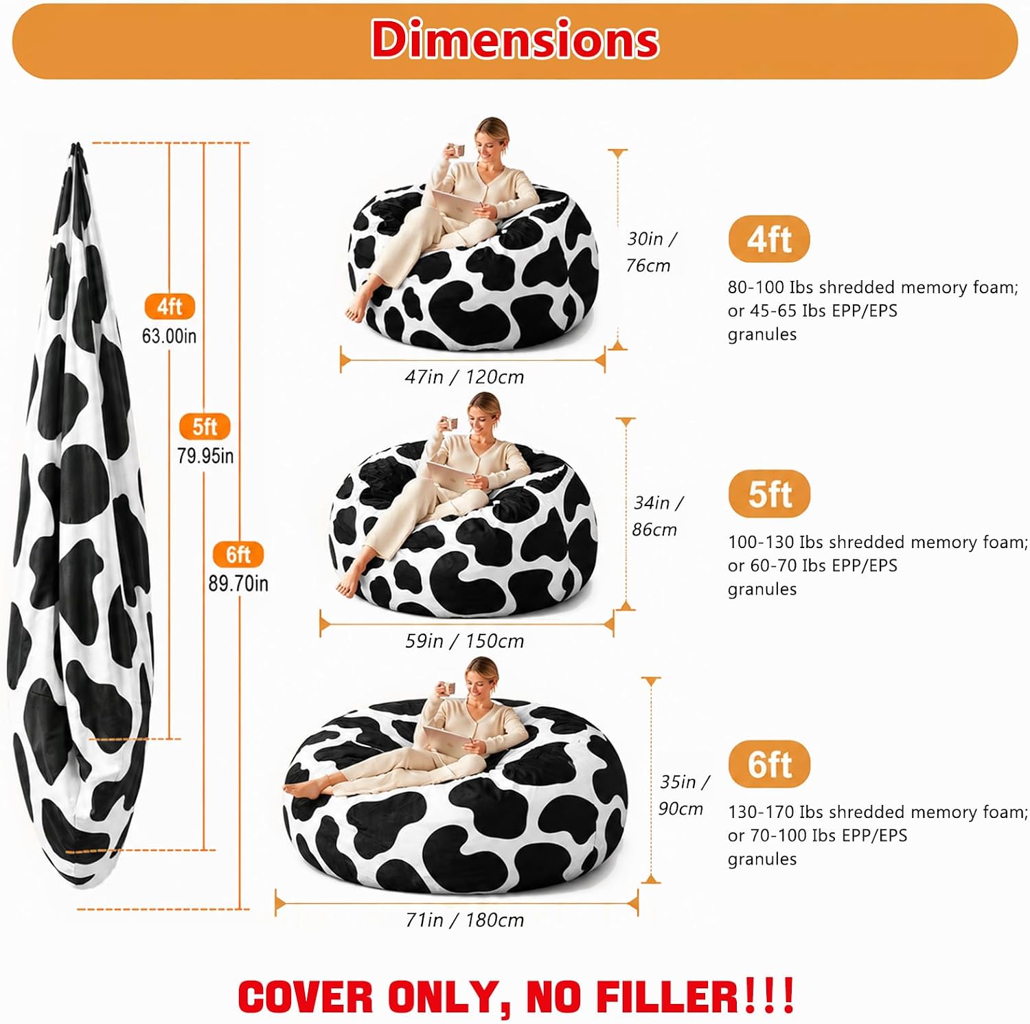 Bean Bag Chair Cover (No Filler), 4-Feet, Dutch Velvet Washable Big Bean Bag Cover, Suitable for Gardens, Living Rooms, Bedrooms, Balconies (Cow Print, 4FT) image 3
