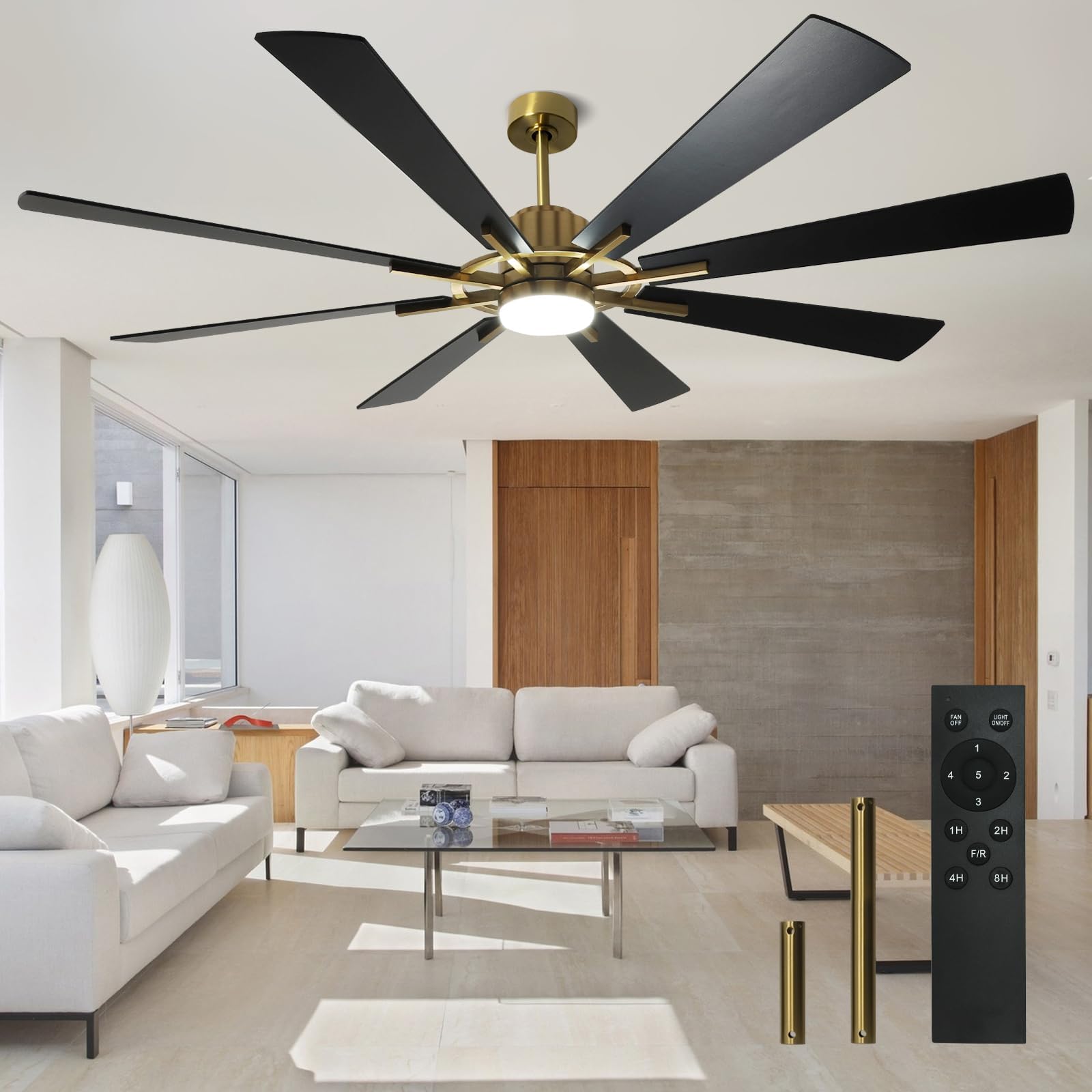 8 Blades Black and Gold Ceiling Fan with Lights and Remote Control, 72 Inch Farmhouse Large Ceiling Fan 5-Speed Reversible DC Motor Ceiling Fans Bedroom Living Room Shop Outdoor Patios