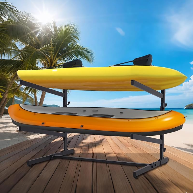 Estante de almacenamiento para kayak, estante independiente de 2 niveles resistente para garaje y almacenamiento al aire libre, sostiene kayak, canoa, tabla de surf y tabla de remo, construcción de acero con acolchado de fieltro