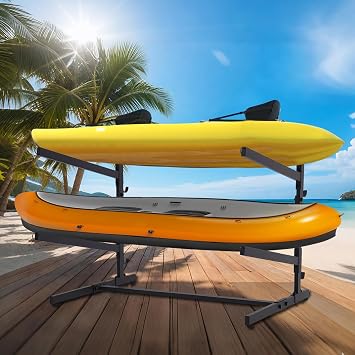 Kayak Storage Rack, Heavy Duty 2 Level Freestanding Rack for Garage and Outdoor Storage, Holds Kayak, Canoe, Surfboard & Paddleboard, Steel Construction with Felt Padding