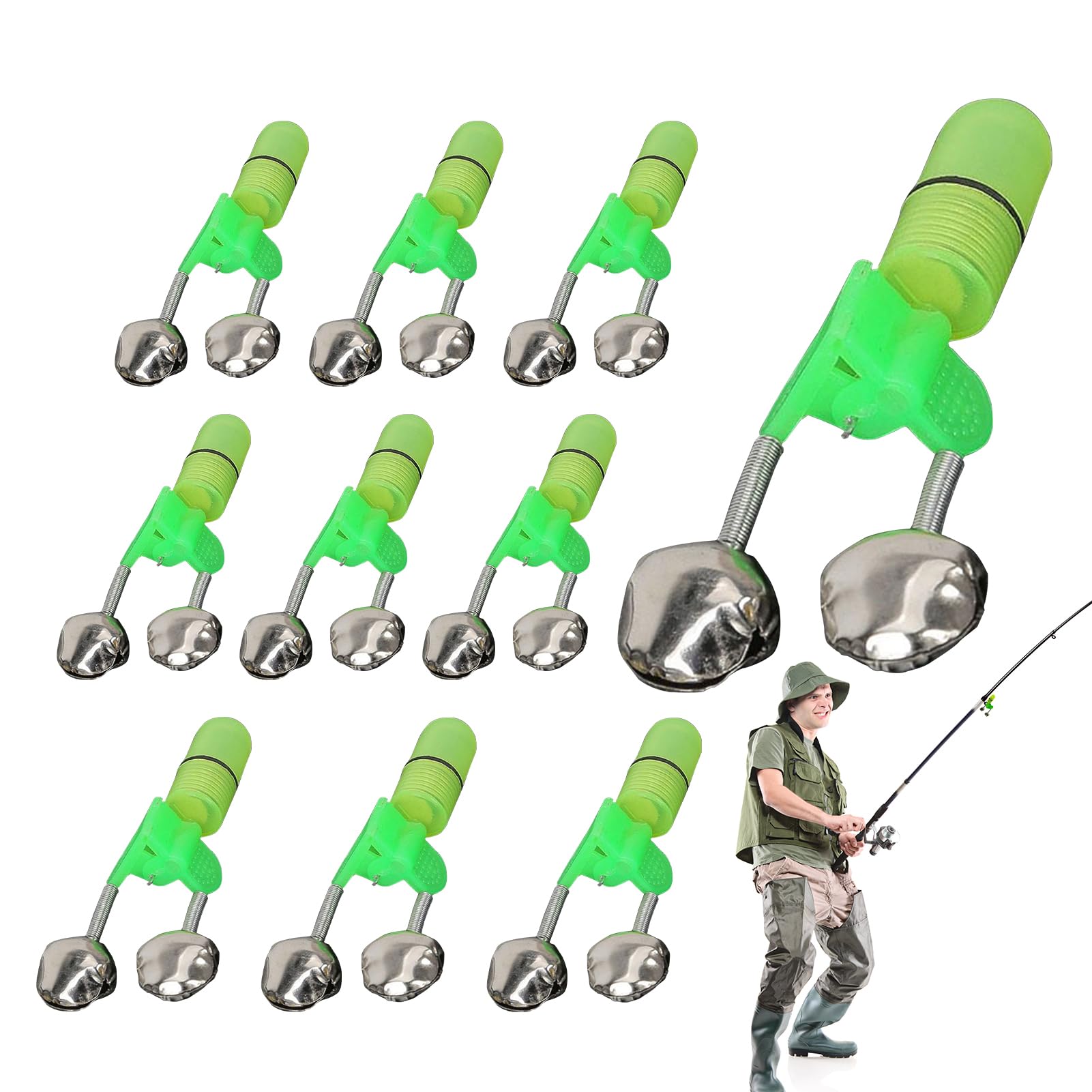 10 Fish Bait Alarm, Dual Bells Fishing Indicator, Waterproof Night Sea Fishing Rod LED Light Clip, Fishing Bit-e Alarm Indicator for Fishing Rod
