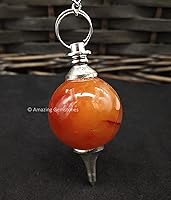 Vista 3 de Amazing Gemstone Carnelian Crystal Ball Pendulum for Divination - Dowsing Pendulum Necklace with Chain and Quartz Bead for Reiki Healing and Crystal