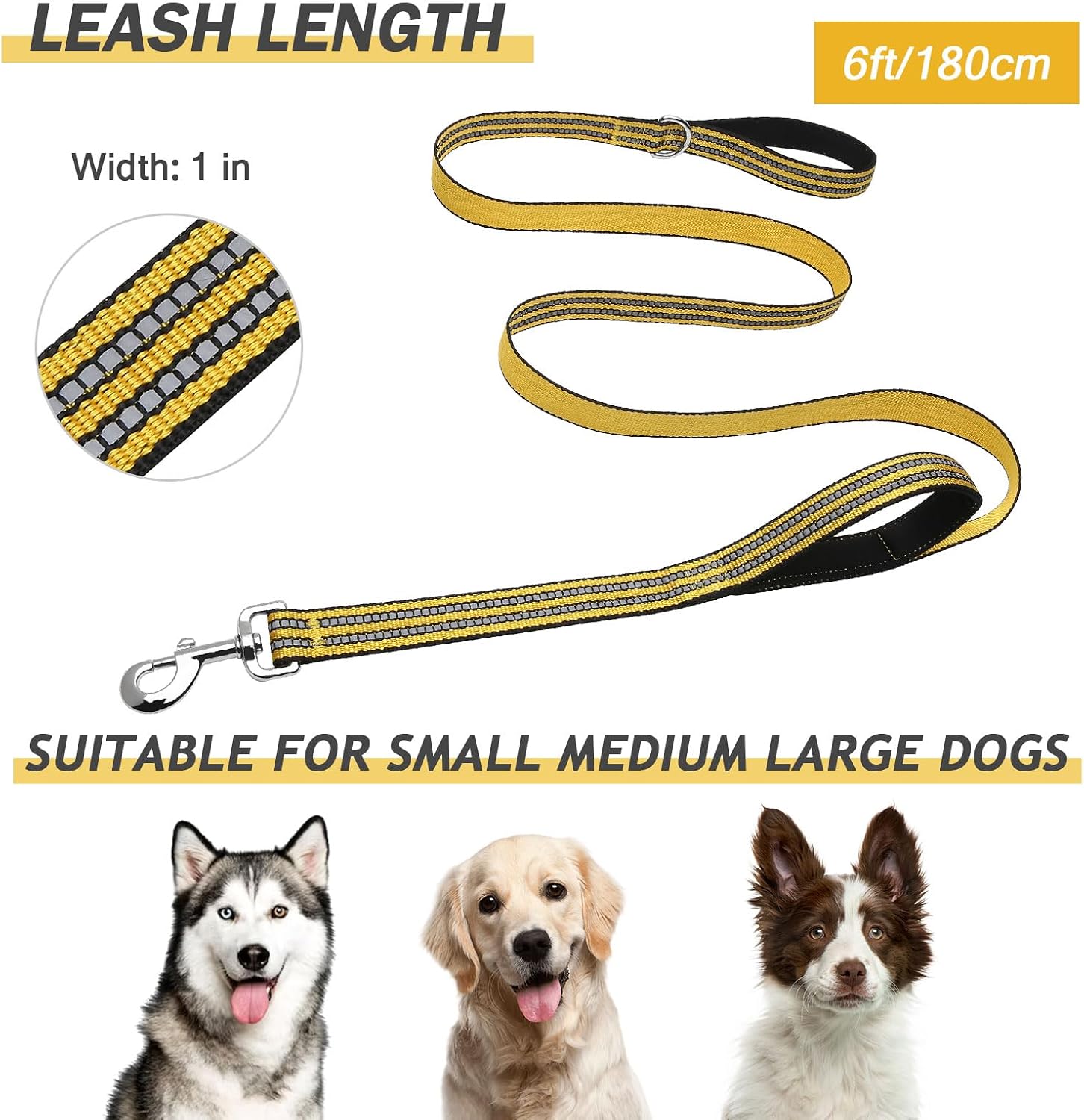Hikiko 6FT Dog Leash with 2 Padded Handles Reflective,Yellow | Traffic Handle Extra Control, Ideal for Walking, Running, and Training, Perfect for Large and Medium Dogs