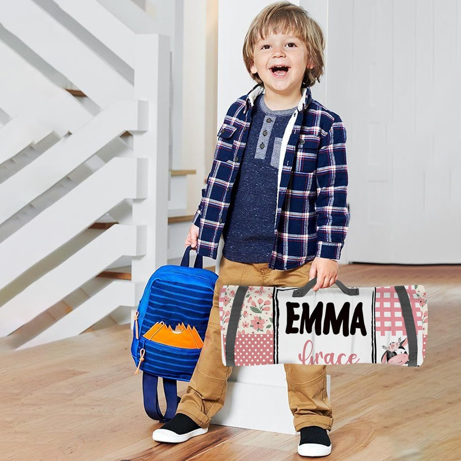 Custom Toddler Bedding Set - Personalized Name with Animals Plaid Nap Mat for Preschool, Roll Up Sleeping Bag with Flannel Blanket for Boys Girls Kids Daycare Gift Color09-Cow