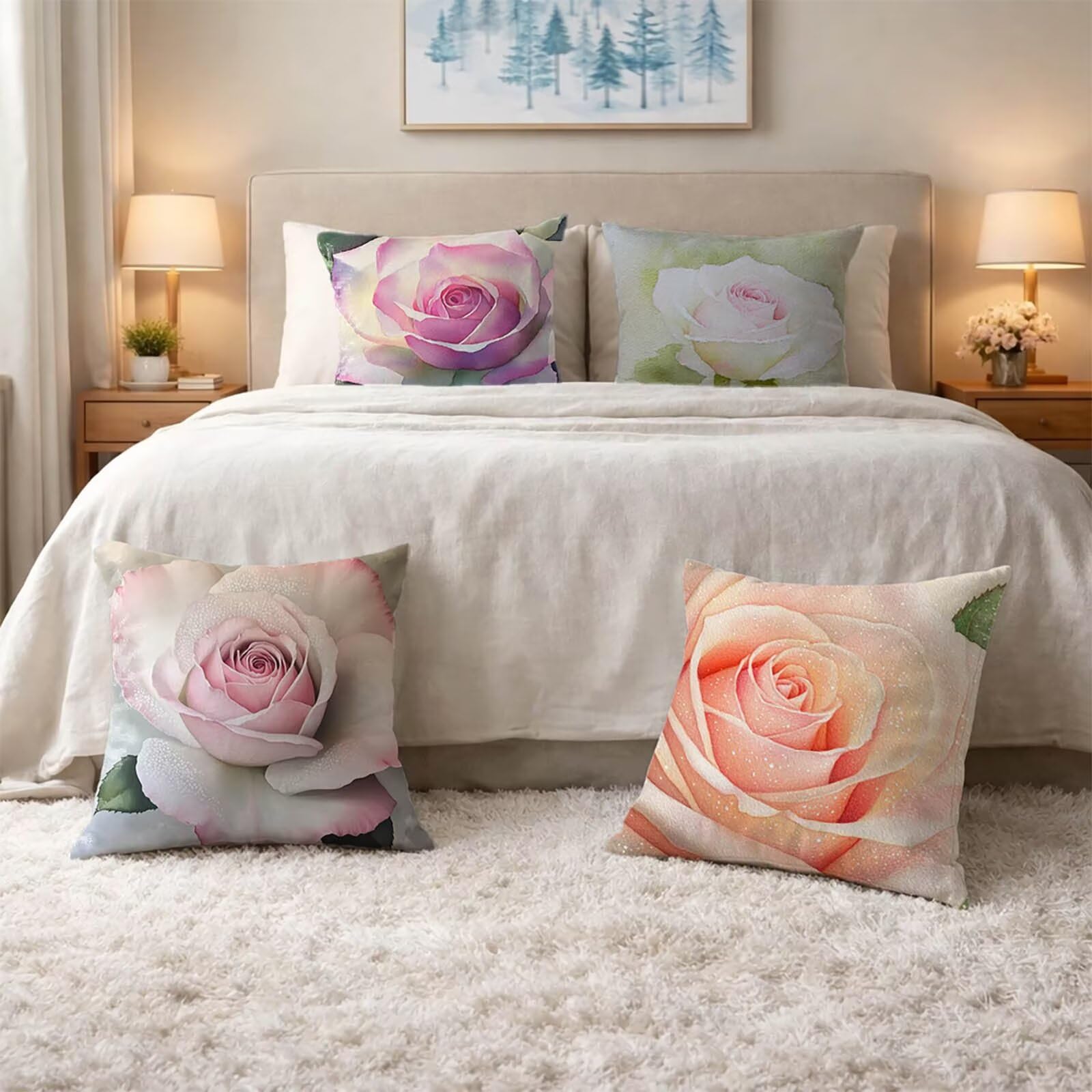 Kissenbezug 60x60 4 Pack, Wasserdicht Outdoor Sofakissen Bezug Rose Deko Kissenbezug 60x60cm, Doppelseitiger Druck Quadrat Kopfkissenbezug Rosa für Schlafzimmer Deko Wohnzimmer Geschenke Model-08175