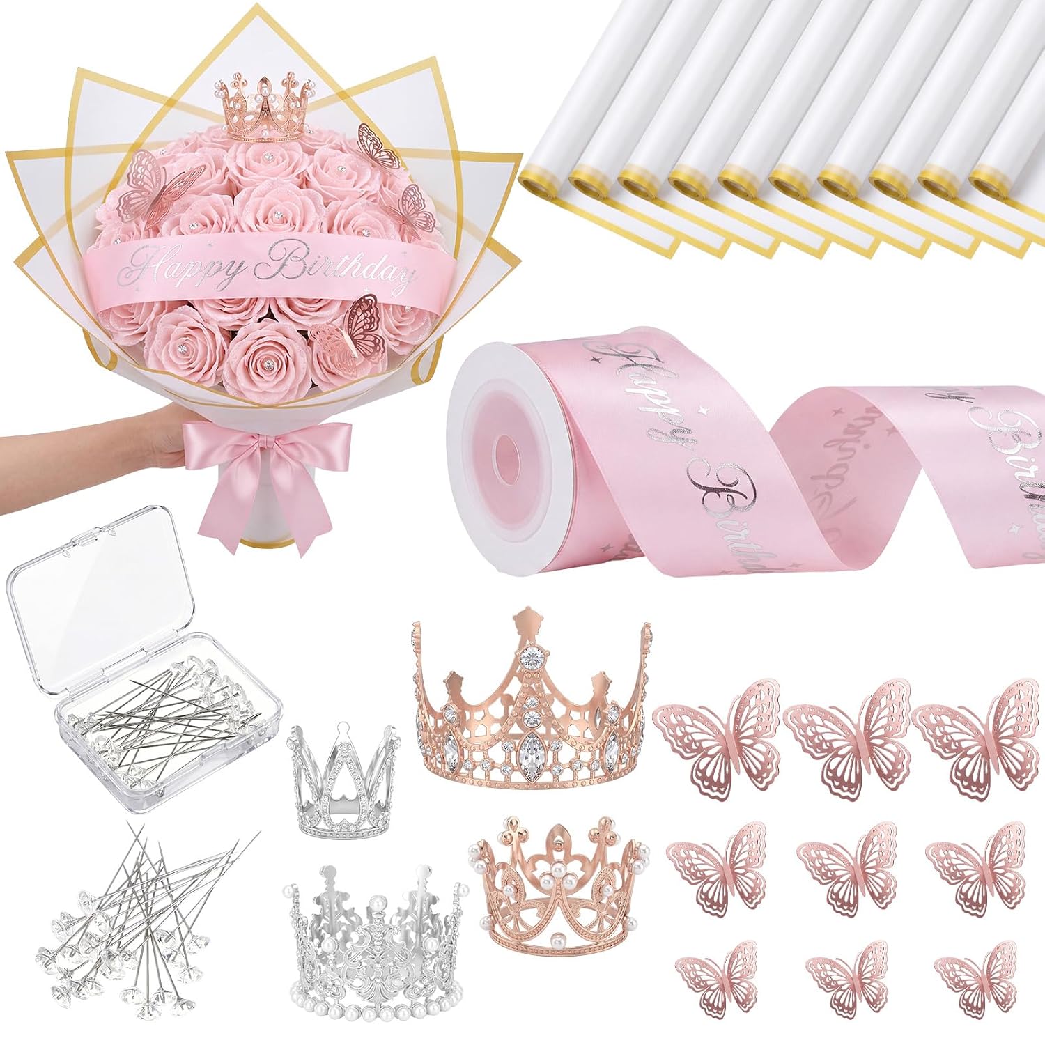 Gilprop 52 Pcs Birthday Flower Bouquet Accessories Kit, Pink