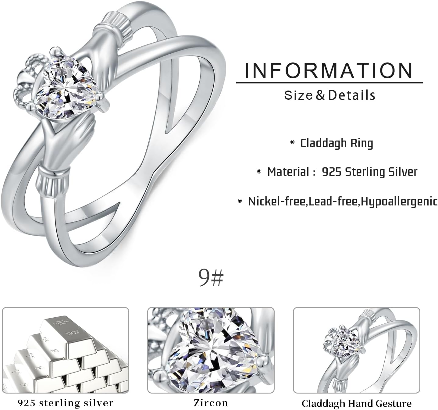 Claddagh Rings for Women 925 Sterling Silver Irish Claddagh Heart Ring Irish Jewelry Gifts for Wife Girlfriend Lover Friends - Image 4