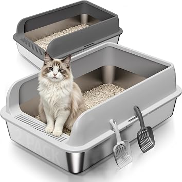2 Pack XL Stainless Steel Litter Box with Lid, Extra Large Metal Litter Pan | for Multi Cats, High Sides with Anti-Leakage Enclosure, Easy Cleaning, Non-Stick, Odor Control,Include Scoops