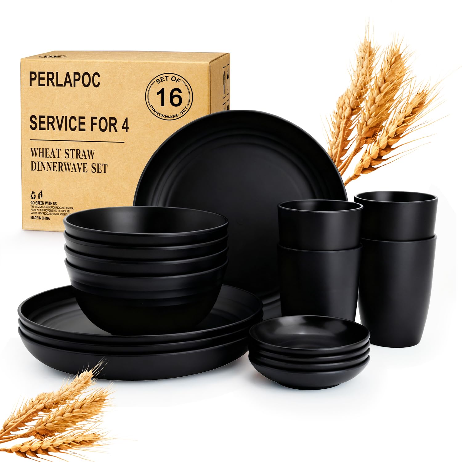 Wheat Straw Dinnerware Sets 16 PCS, Unbreakable Kids Plates and Bowls for 4-9 IN Plates, 26 OZ Cereal Bowls, 2 OZ Dipping Bowl, 12 OZ Cups, Dishwasher &amp; Microwave Safe Plate Set - Black