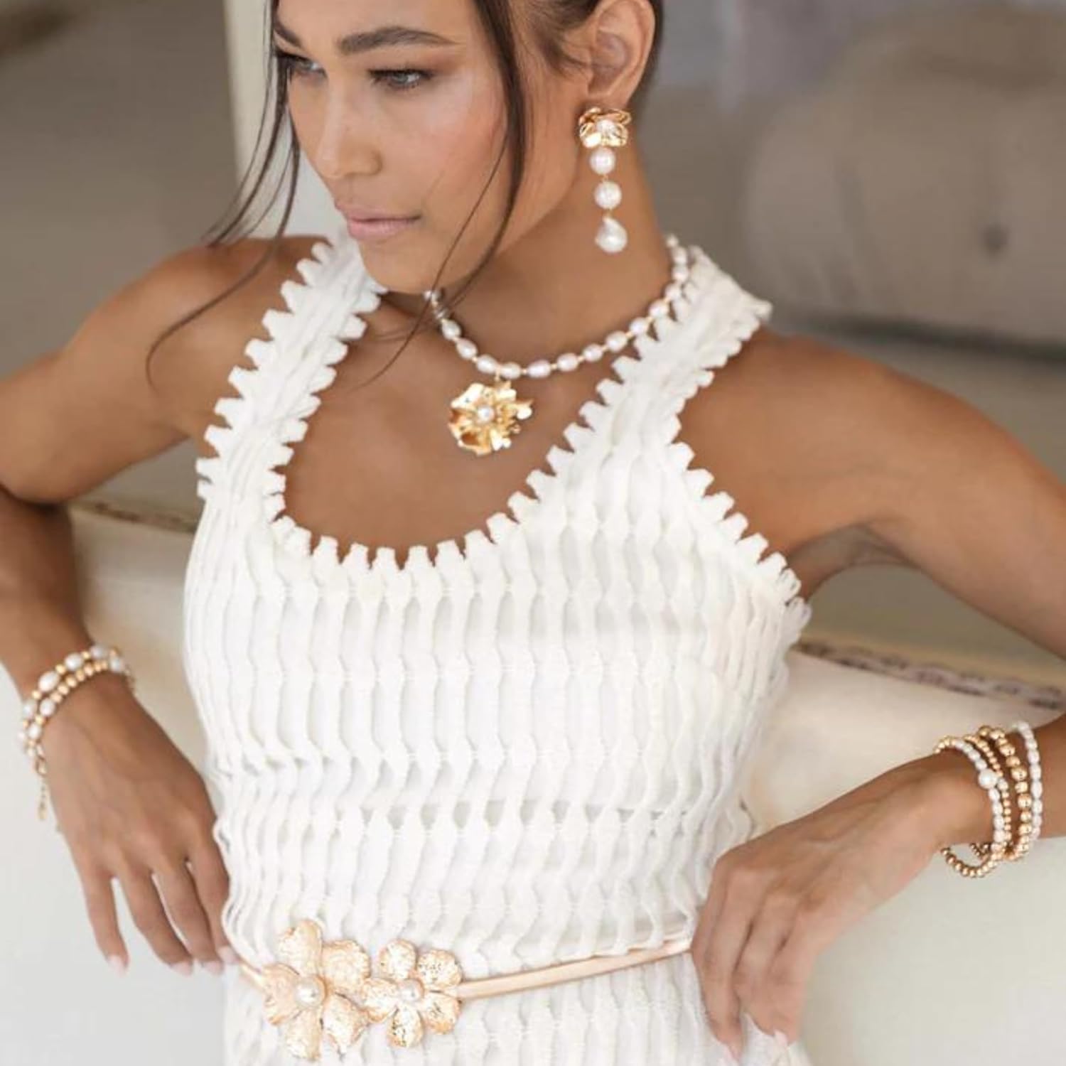 Ettika Pearl Strands. Choker Necklace. Pearl Necklace, Golden Petal and Pearl Necklace, 18K Gold Plated, Jewelry, Gifts for Women